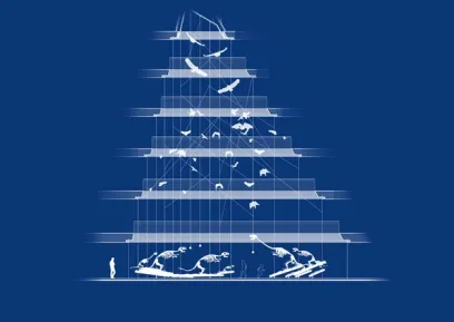 a blueprint of a building with skeletons of dinosaurs and birds hanging from the ceiling .