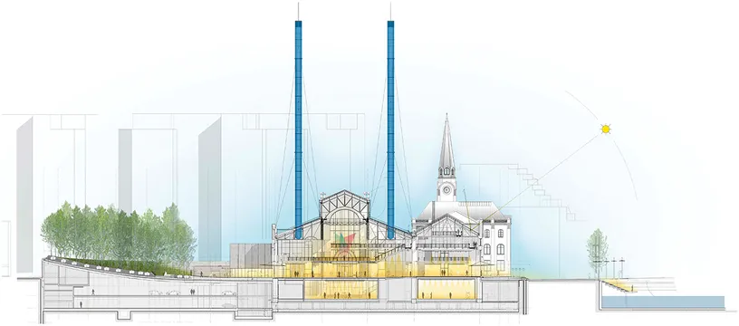 A cross section of a building with a church in the background