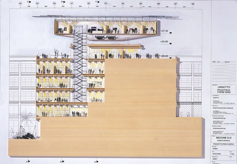 A drawing of a building with a lot of people on it