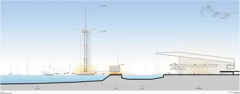 A cross section of a building with a tower in the background