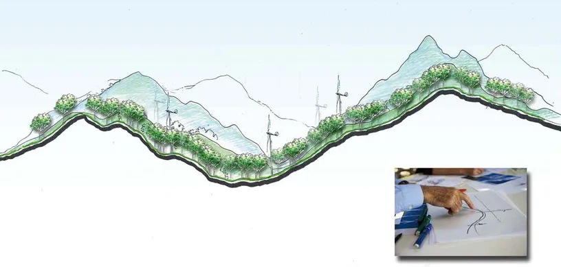 a drawing of a mountain with trees on it and a picture of a person drawing a mountain .