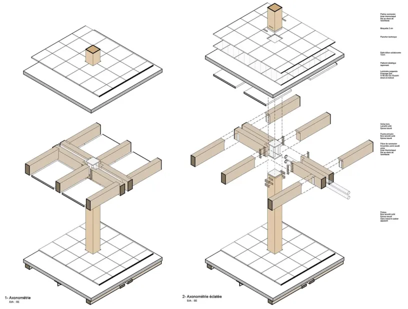Axonometric diagrams showing assembled and exploded views of a timber post and beam structural system with floor and ceiling layers.