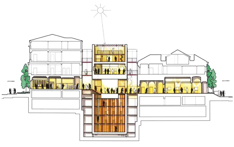 A black and white drawing of a building with people walking through it