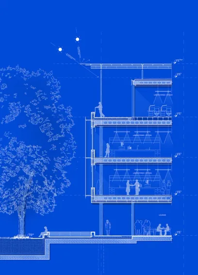 Blueprint architectural cross-section of a multi-story building with laboratories, offices, lounges, and an outdoor area with a large tree.
