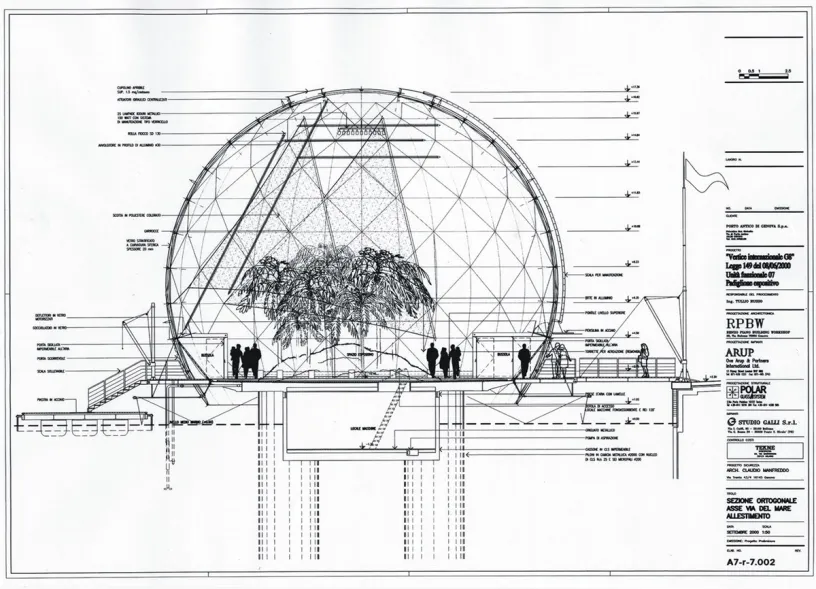A black and white drawing of a dome with a tree inside of it