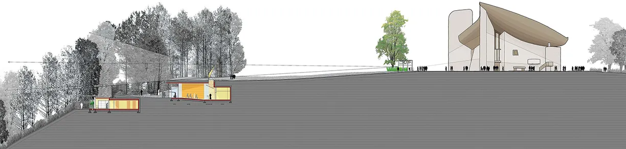 A black and white drawing of a building with trees in the background