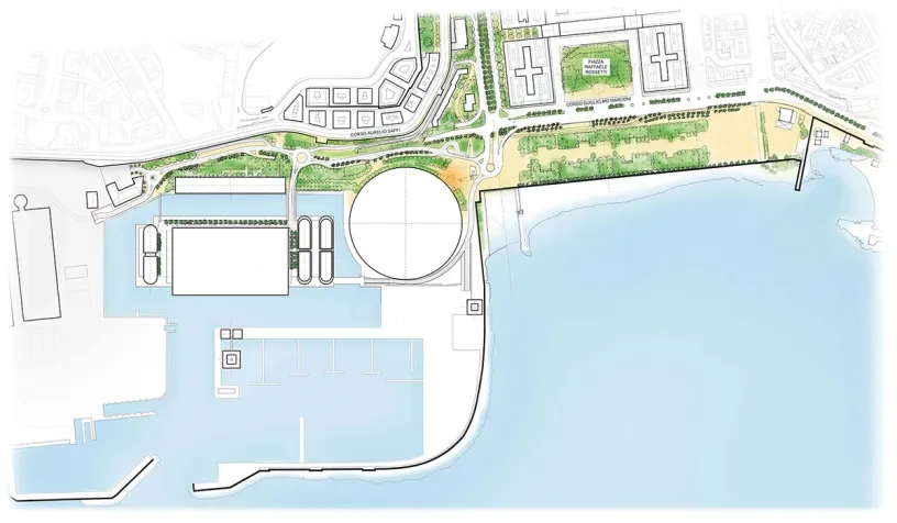 A black and white map of a city with a large body of water