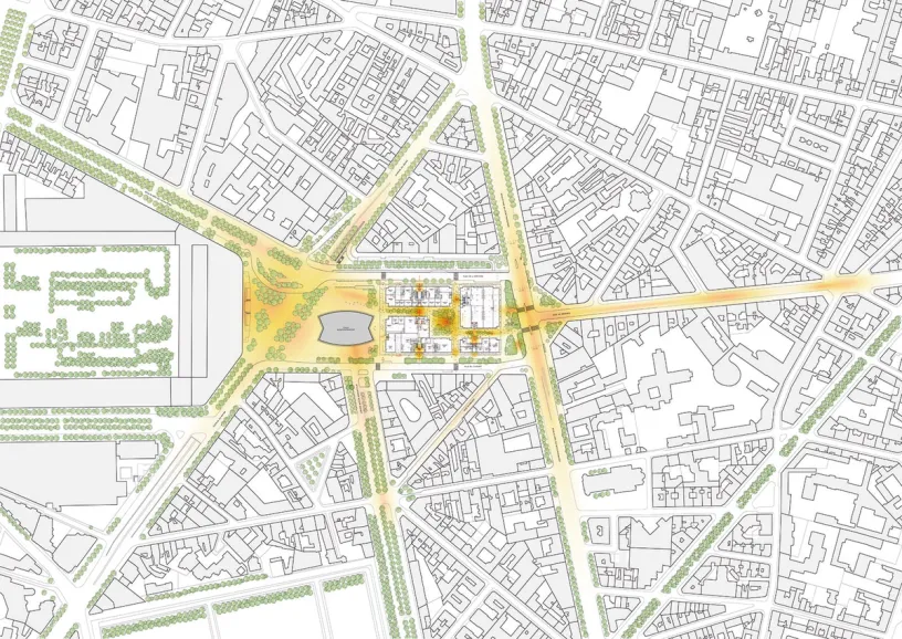 Urban plan depicting buildings, streets, and green areas, with a yellow-orange heatmap indicating high activity centered on a plaza and major roads.