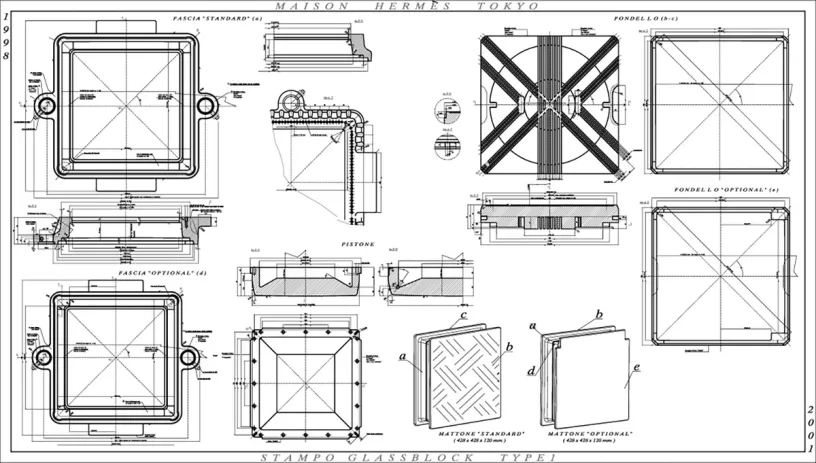 A black and white drawing of a stamped glassblock