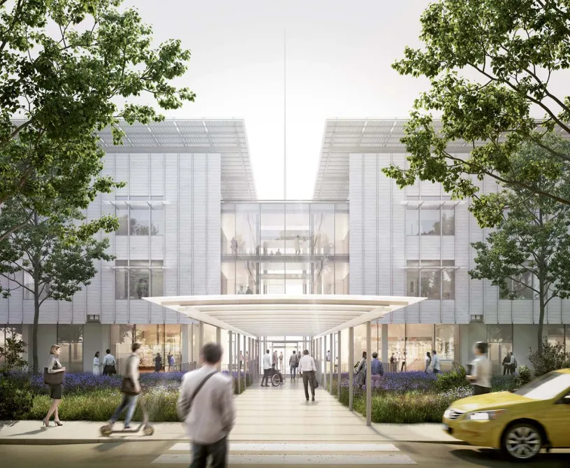 an artist 's impression of the entrance to the new building .