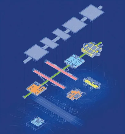 An isometric drawing of a large building on a blue background