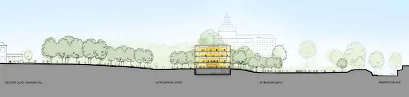 a drawing of a building with trees in the background