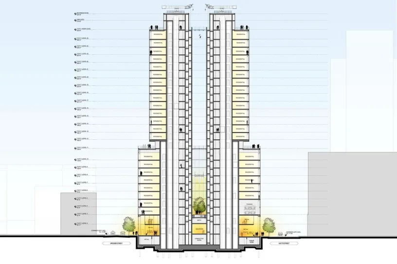 a drawing of a tall building with a lot of windows .