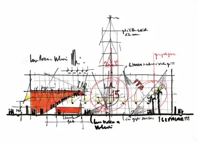 a drawing of a building with a lot of writing on it .