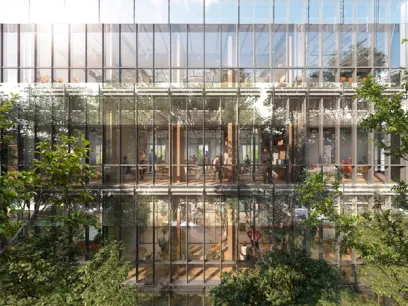 an artist 's impression of a building with lots of windows surrounded by trees .