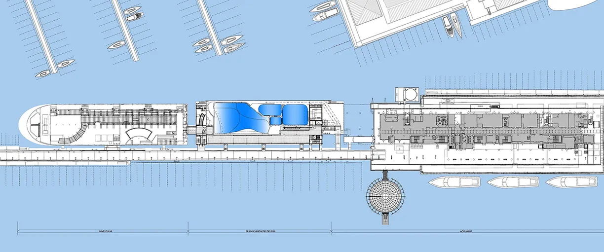 A black and white drawing of a boat docked at a marina