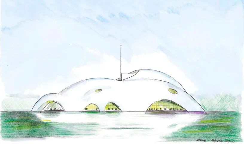 A drawing of a building floating on top of a body of water