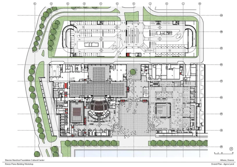 A floor plan of a building with a lot of trees in the background