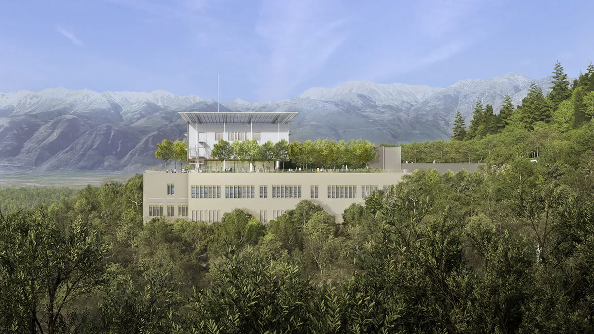 an artist 's impression of a large building surrounded by trees and mountains .