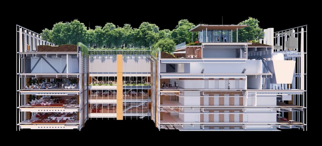 a cross section of a building with trees on the roof .