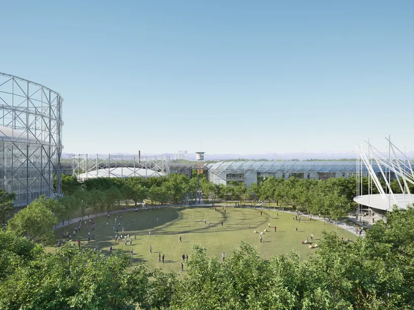 An artist 's impression of a park with a stadium in the background