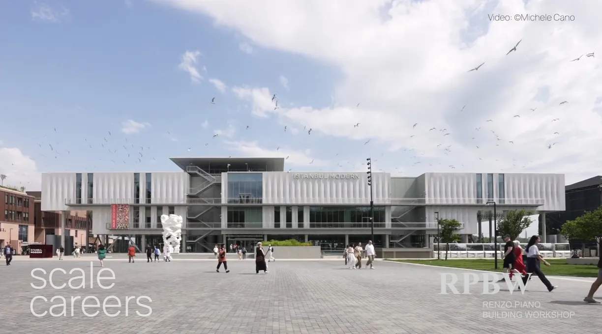 Istanbul Modern museum building with a white sculpture, people in the plaza, and seagulls flying in a blue sky.