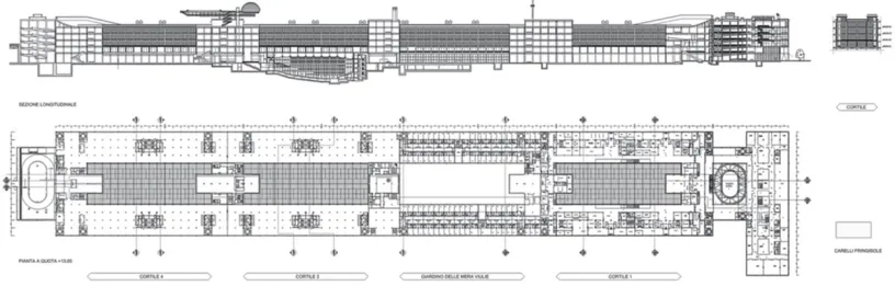 A black and white drawing of a large building