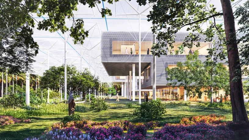 an artist 's impression of a large building surrounded by trees and flowers .