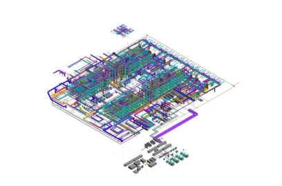 a 3d model of a building with pipes and ducts on a white background .