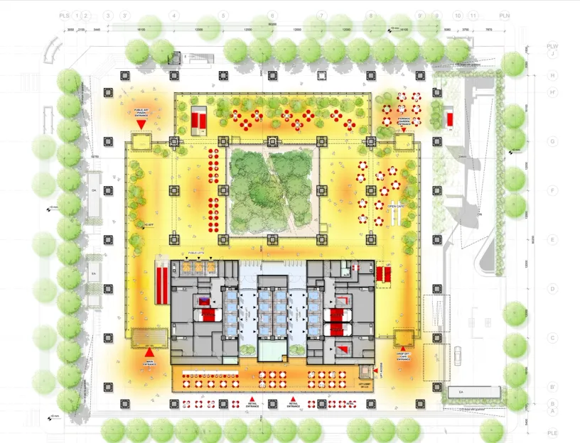 a floor plan of a building with a lot of trees and tables .