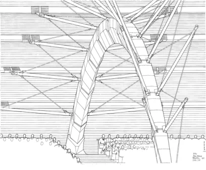 A black and white drawing of a bridge with people walking underneath it