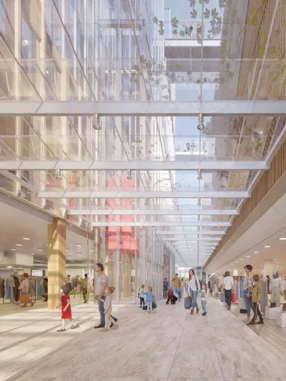 An artist 's impression of a large building surrounded by trees