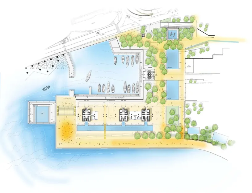 An aerial view of a harbor with boats docked in it