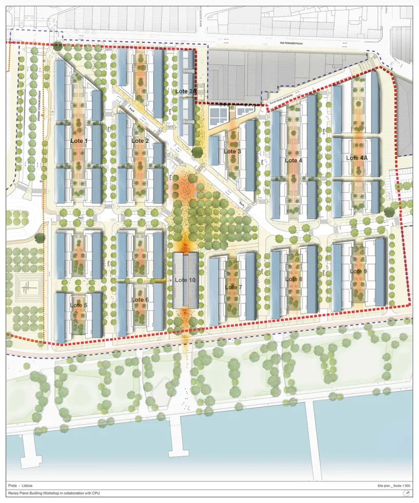 A drawing of a residential area with lots of buildings and trees