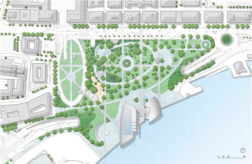 A black and white map of a city with trees and buildings