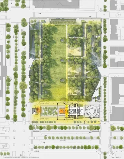 an aerial view of a park with a building in the middle