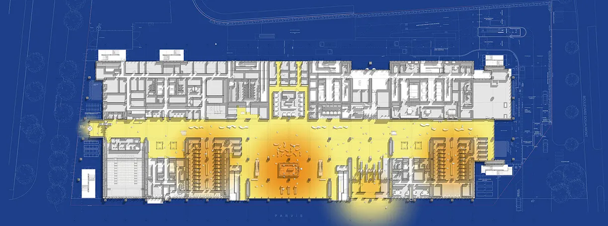A blueprint of a building with a yellow area in the middle