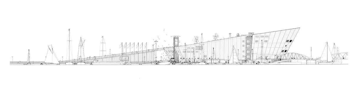 A black and white drawing of a large building on a white background