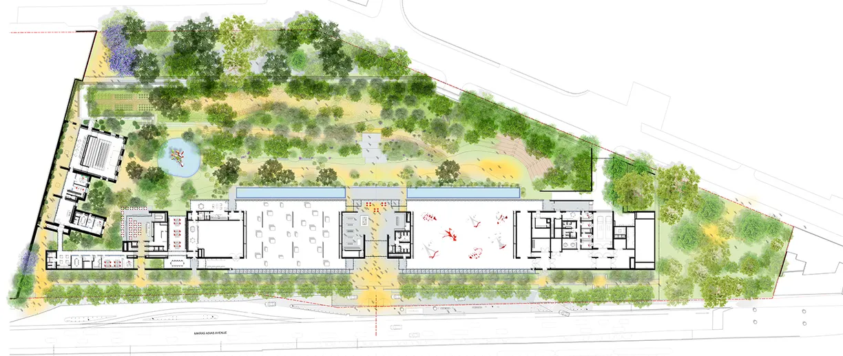 a floor plan of a building with a lot of trees in the background .