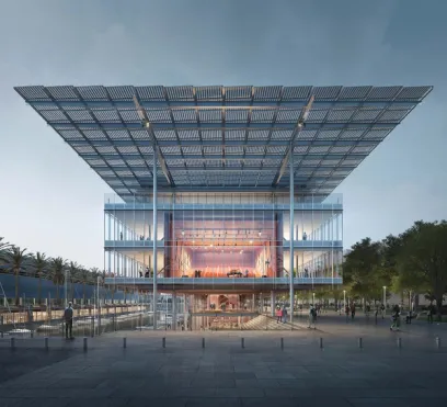 An artist 's impression of a large building with a large roof