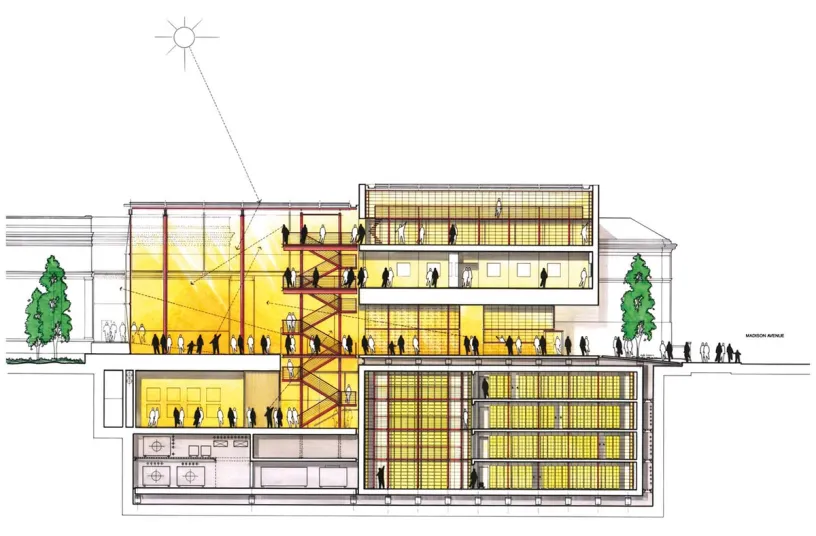 A black and white drawing of a building with a lot of people walking around it