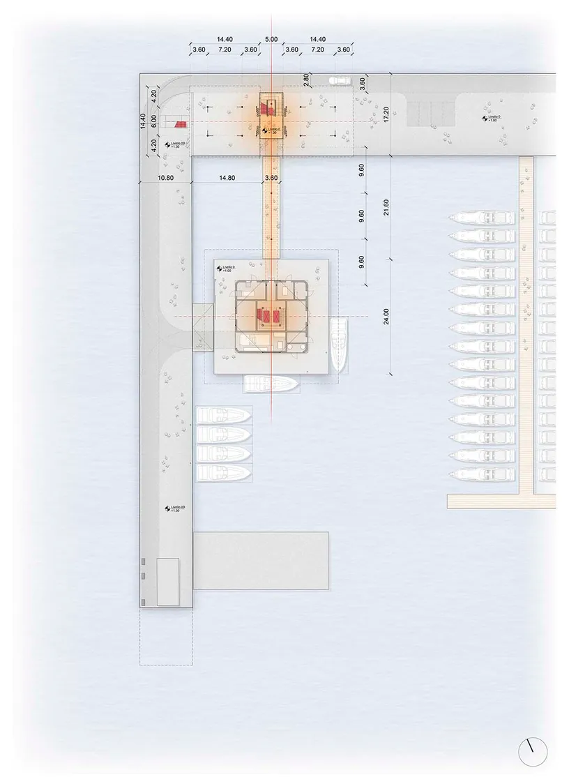 A floor plan of a building with boats in the background