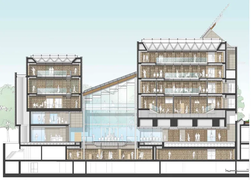 a drawing of a library building with a lot of bookshelves and people .