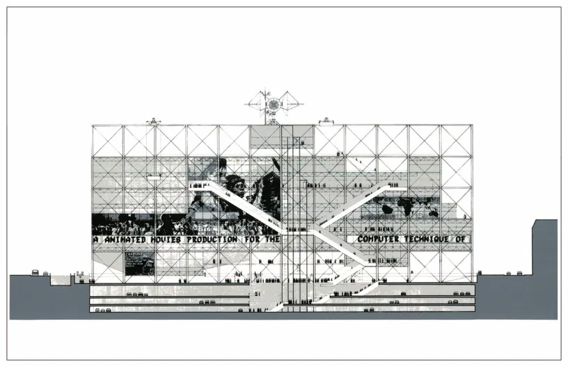 A black and white drawing of a building with stairs leading up to it