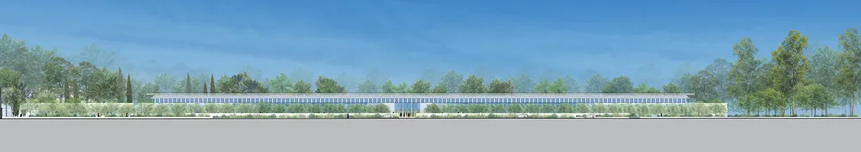 an aerial view of a floor plan of a building surrounded by trees .