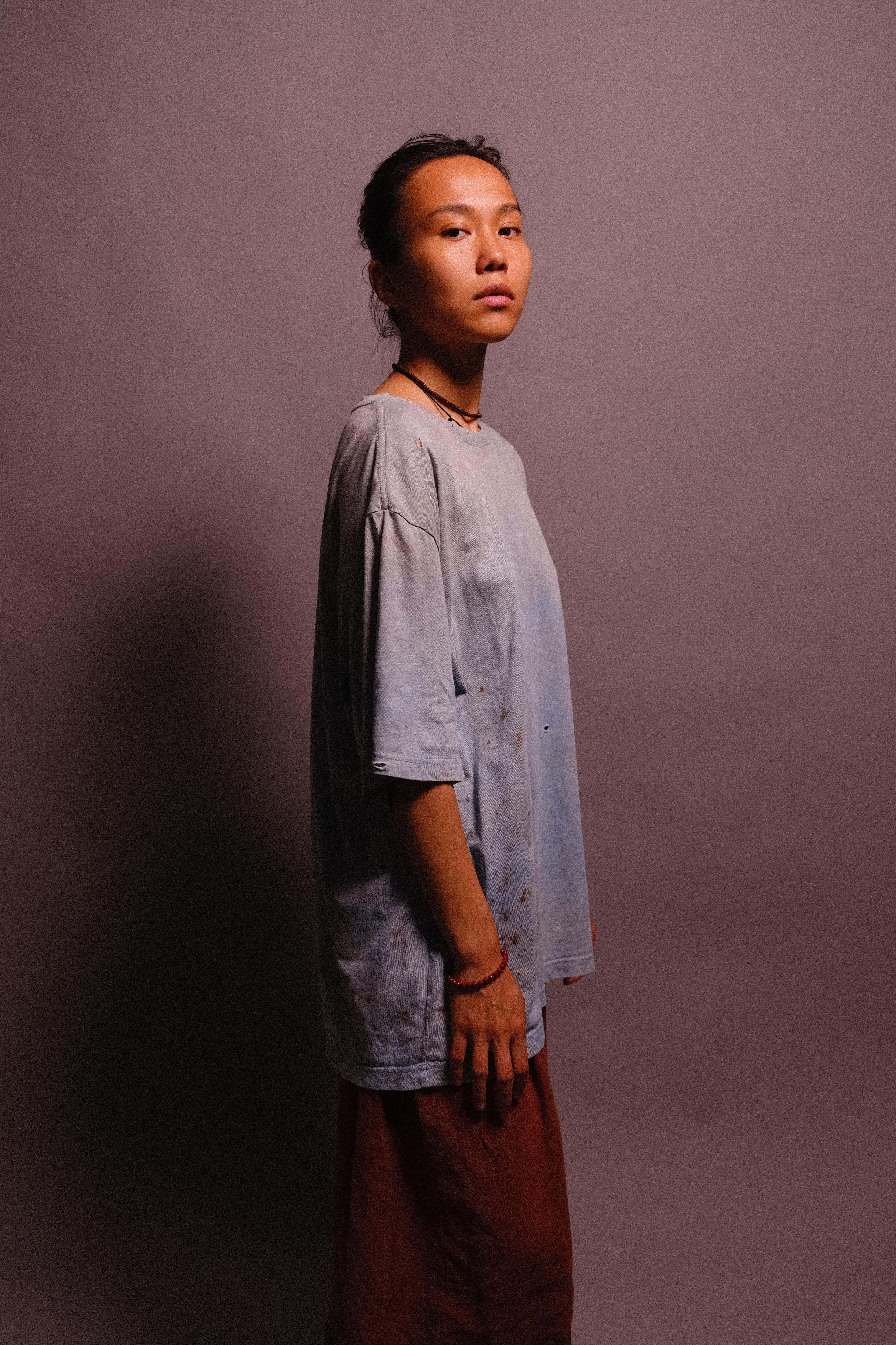 indigo-dyed t-shirt with rust print - state of the island