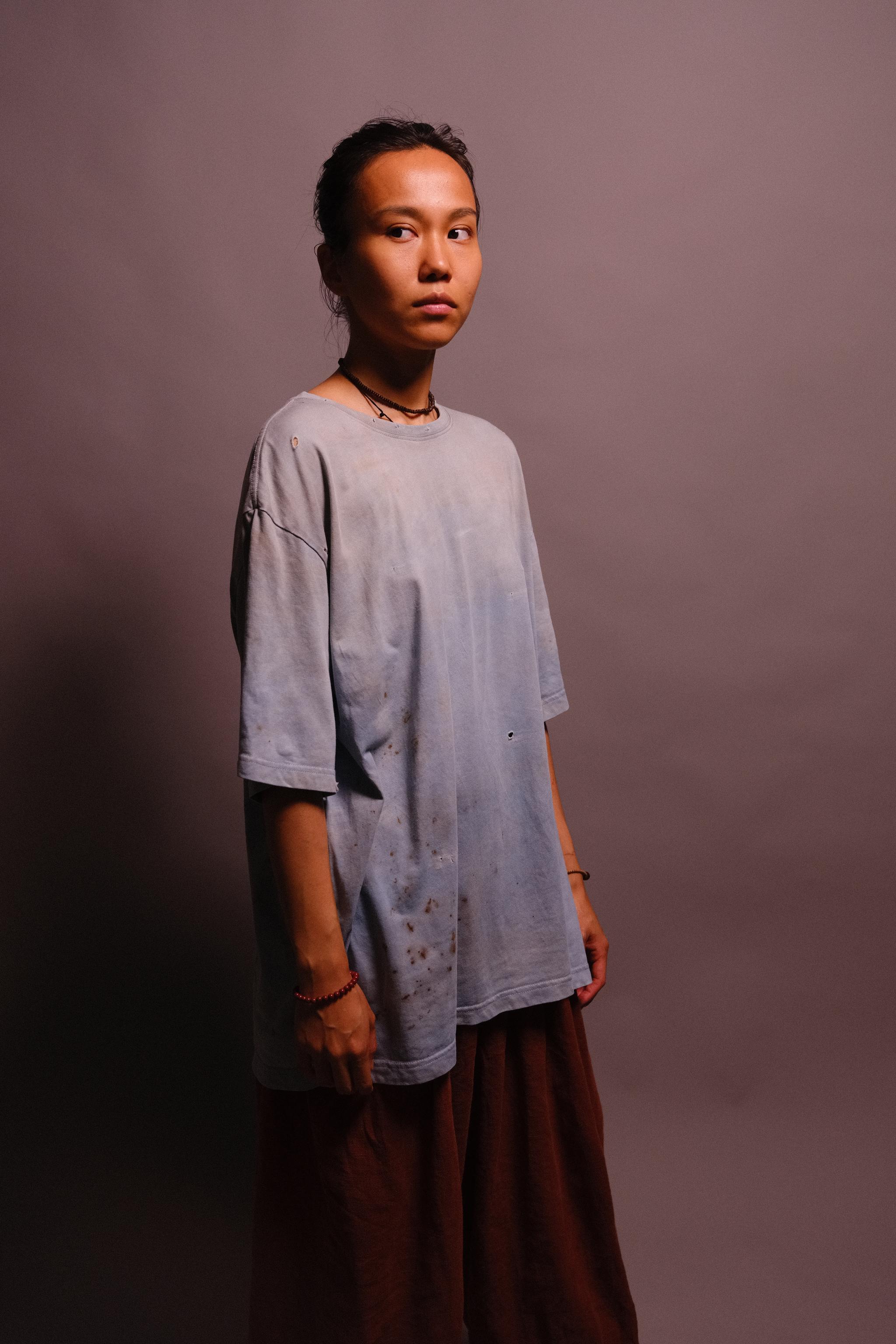 indigo-dyed t-shirt with rust print - state of the island