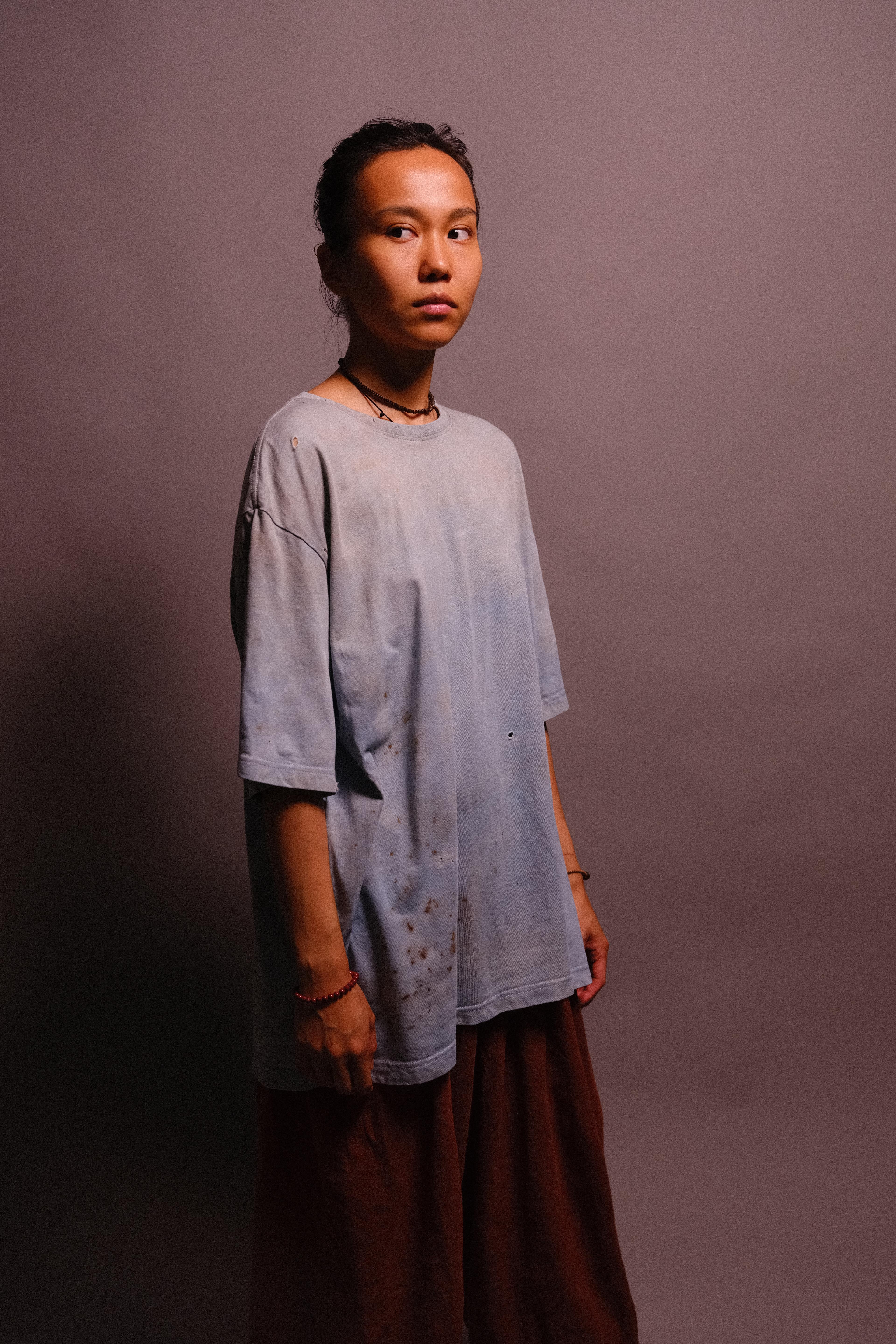 indigo-dyed t-shirt with rust print - state of the island