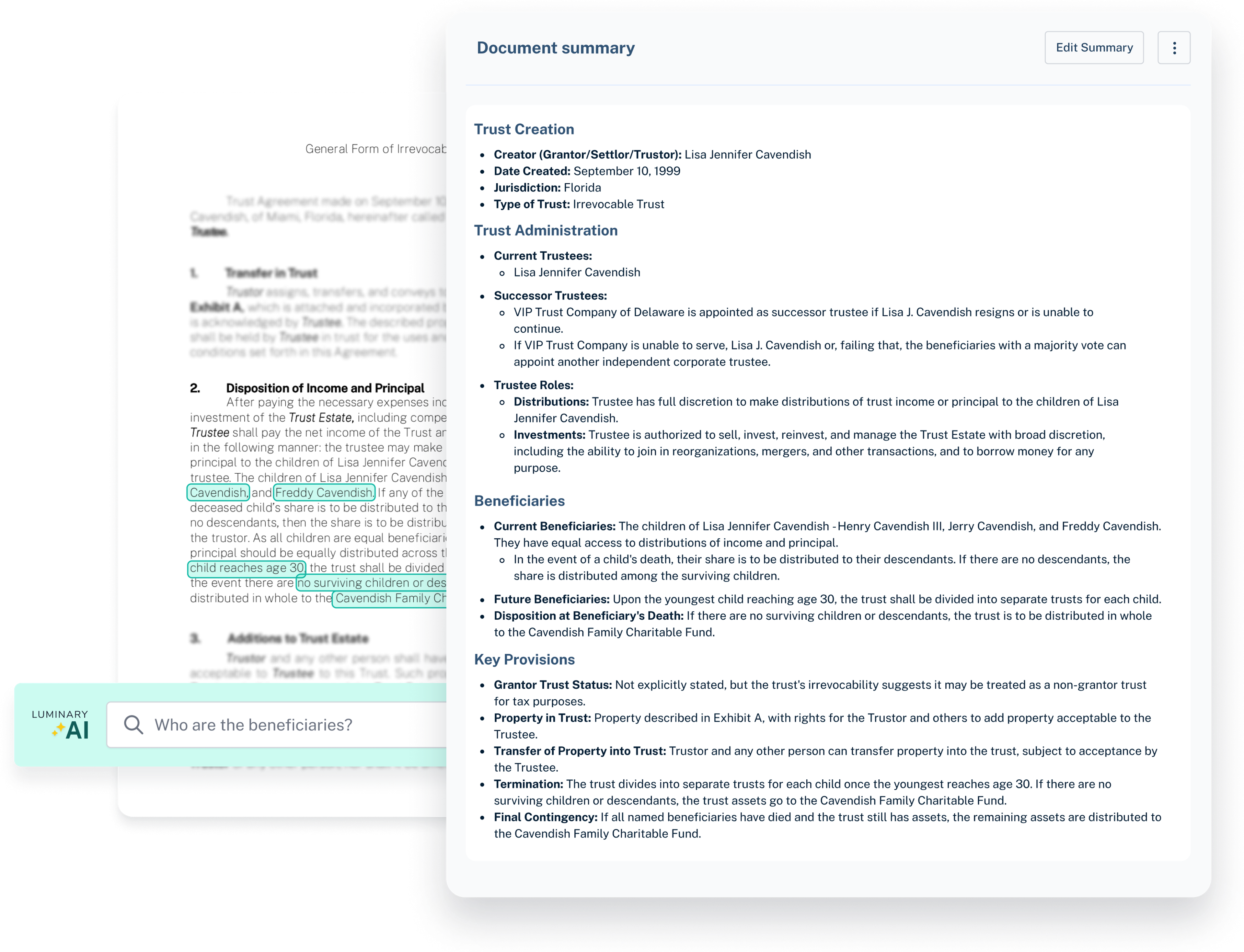 Artificial intelligence summary of a trust document, overlayed with a AI-powered semantic search for "Who are the beneficiaries?"