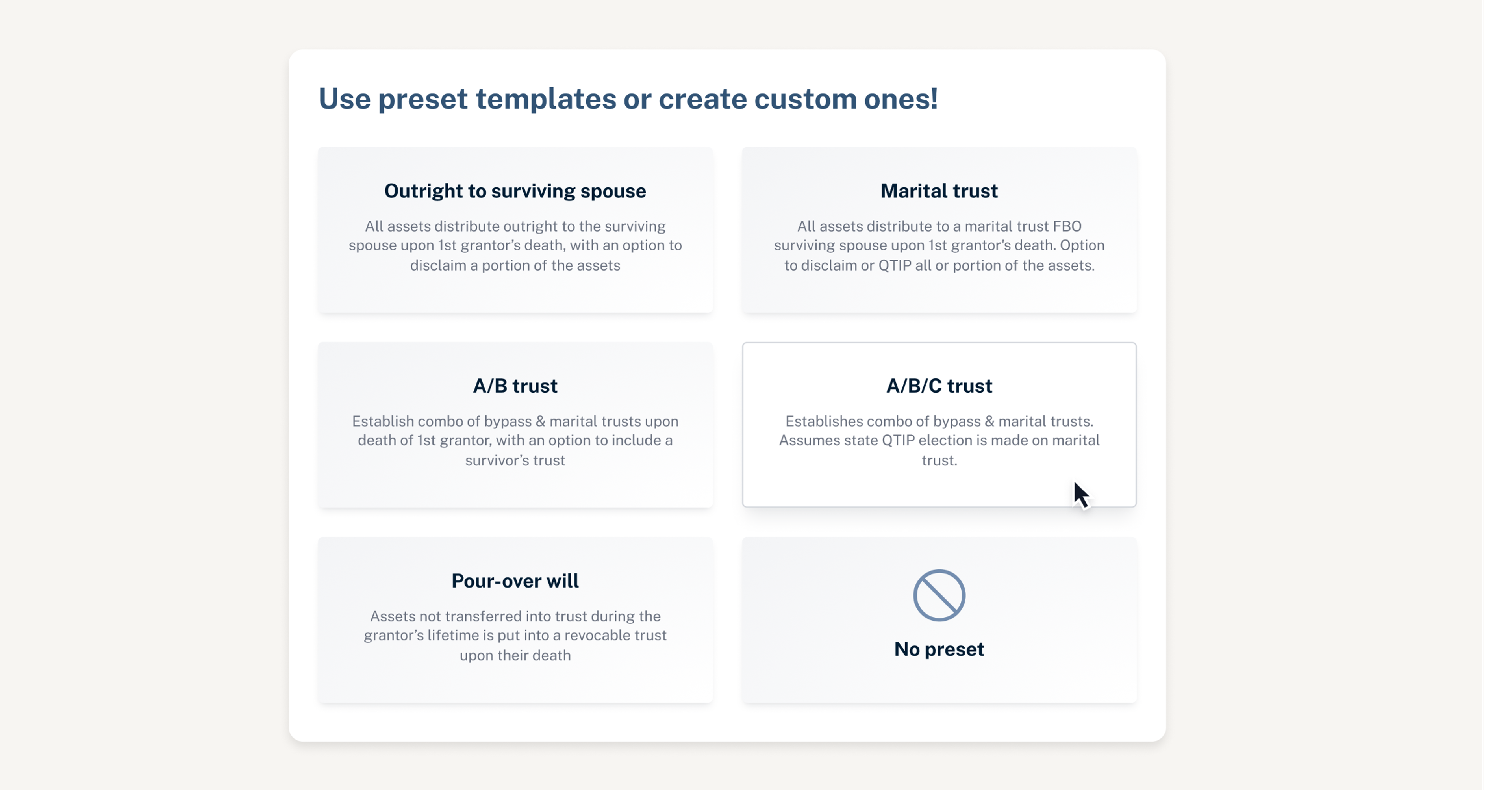 Choose from preset estate planning structures or create your own template